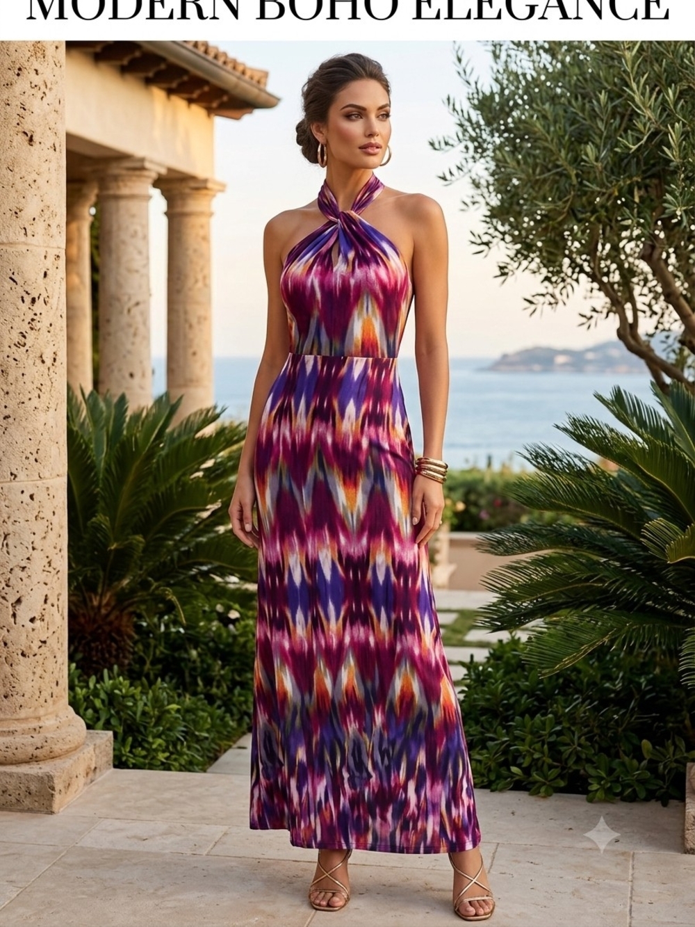 Women’s Purple Multi Halter Maxi Dress